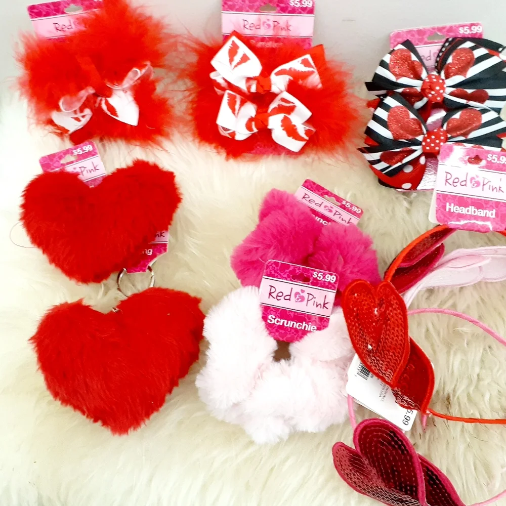 New Tag Red Hair clip. plush heart Key chain & More Valentine gift